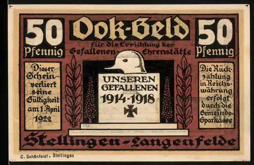 Notgeld Stellingen-Langenfelde 1922, 50 Pfennig, Errichtung der Gefallenenehrenstätte 1914-1918, Gültigkeit bis 1.4.19