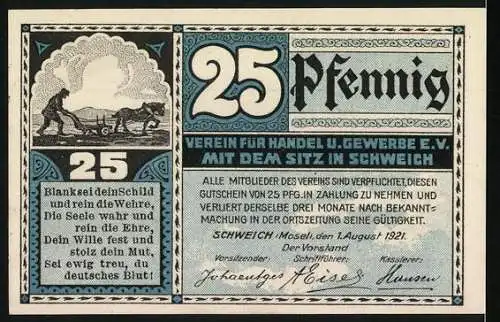 Notgeld Schweich, 1921, 25 Pfennig, Fähre über den Fluss und Gedicht, Verein für Handel und Gewerbe e.V.