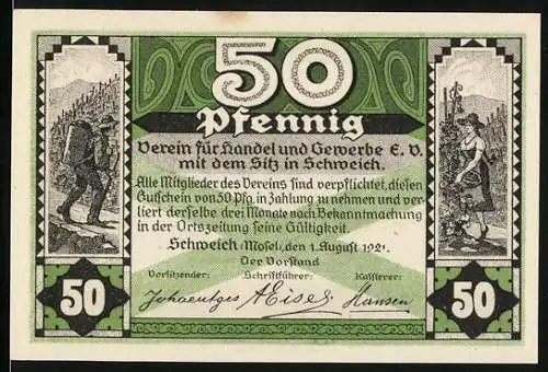 Notgeld Schweich, 1921, 50 Pfennig, Verein für Handel und Gewerbe, Weinlese, Reben und Trauben, grün