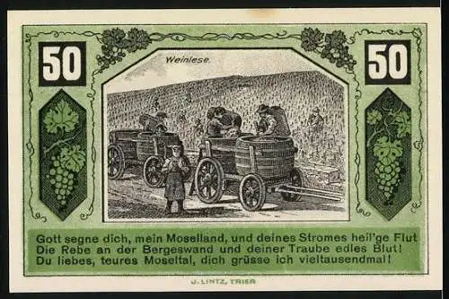 Notgeld Schweich, 1921, 50 Pfennig, Verein für Handel und Gewerbe, Weinlese, Reben und Trauben, grün