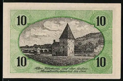 Notgeld Schweich, 1920, 10 Pfennig, Alter Fährturm und Verein für Handel und Gewerbe