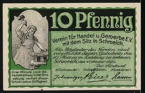 Notgeld Schweich, 1920, 10 Pfennig, Alter Fährturm und Verein für Handel und Gewerbe