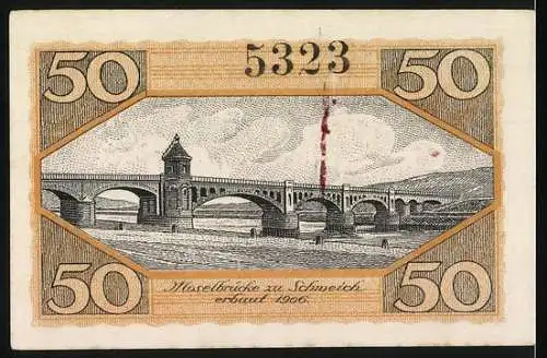 Notgeld Schweich 1920, 50 Pfennig, Verein für Handel und Gewerbe E.V., Motiv Maselbrücke 1906