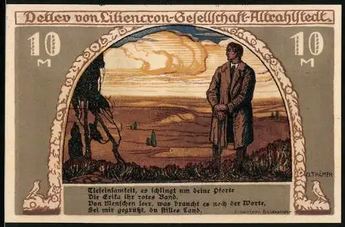 Notgeld Altrahlstedt, 1921, 10 Mark, Detlev von Liliencron-Gesellschaft, Landschaft und Grabstätte