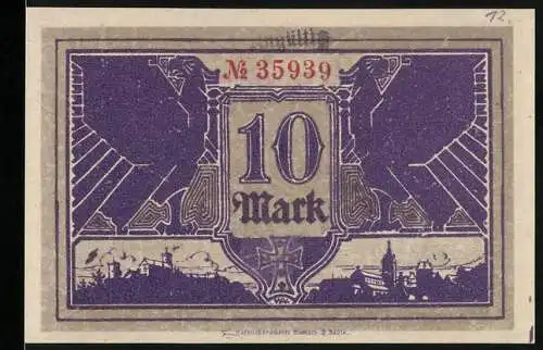 Notgeld Eisenach, 1918, 10 Mark, violett, zwei Adler, Stadt-Silhouette, Seriennummer 35939, Kriegsgeld