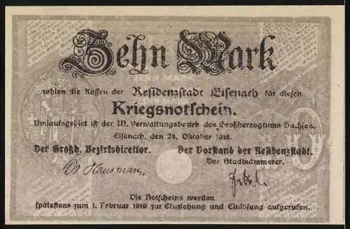 Notgeld Eisenach, 1918, 10 Mark, violett, zwei Adler, Stadt-Silhouette, Seriennummer 35939, Kriegsgeld