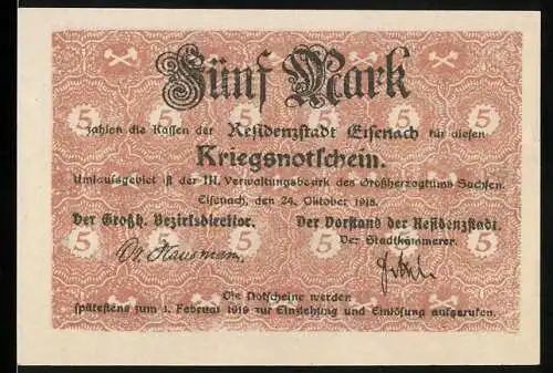 Notgeld Eisenach, 1918, 5 Mark, Kriegsnotgeldschein mit Stadtwappen und Seriennummer 50983