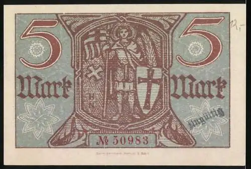 Notgeld Eisenach, 1918, 5 Mark, Kriegsnotgeldschein mit Stadtwappen und Seriennummer 50983