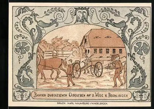 Notgeld Oldisleben 1921, 50 Pfennig, Bauern vor einem Bauernhof und Kirche