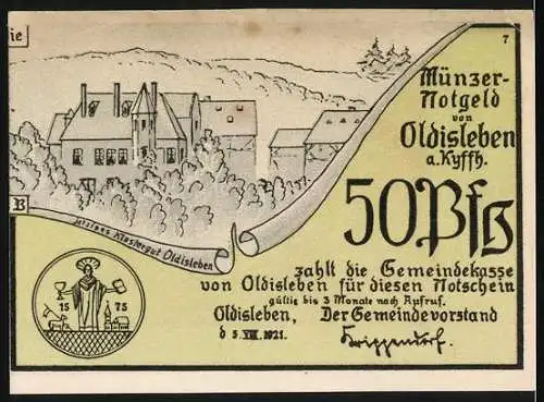 Notgeld Oldisleben 1921, 50 Pfennig, Thomas Müntzers Gefangennahme und Stadtansicht