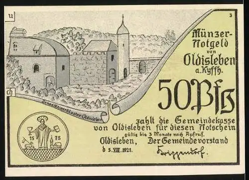 Notgeld Oldisleben, 1921, 50 Pfennig, Abbildung des Klosters und historischer Szenen