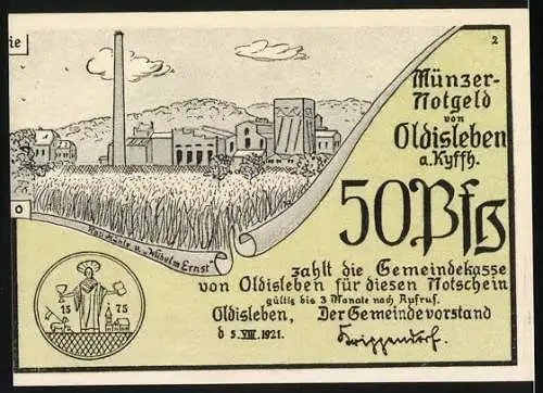 Notgeld Oldisleben 1921, 50 Pfennig, Bauern schliessen sich Münzer an, Rückseite zeigt Fabrikansicht