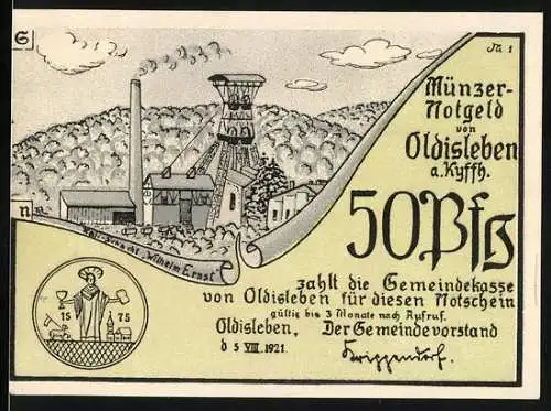 Notgeld Oldisleben 1921, 50 Pfennig, Münzernotgeld mit Bergwerksmotiv und Predigt von Thomas Müntzer