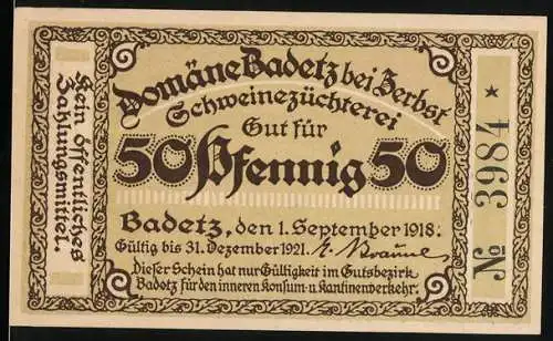 Notgeld Hohenlepte / Badetz 1918, 50 Pfennig, Schweinezüchterei mit Schweinen