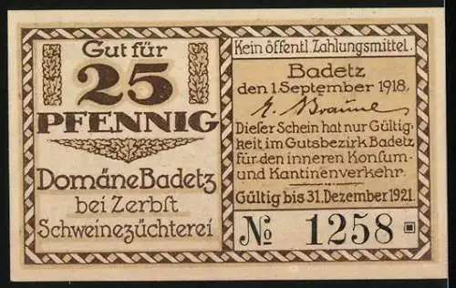 Notgeld Hohenlepte / Badetz, 1918, 25 Pfennig, Schweinezucht mit Fuhrwerk und Reim, gültig bis 31. Dezember 1921