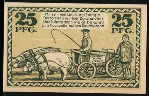 Notgeld Hohenlepte / Badetz 1918, 25 Pfennig, Schweinezucht, Borstenvieh und Hochzeitsfest am Saalestrand