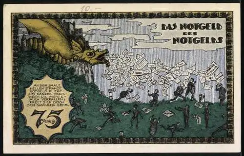 Notgeld Kahla 1921, 75 Pfennig, Deutsche Not-Geld-Ausstellung Leuchtenburg bei Kahla, Drache spuckt Notgeld