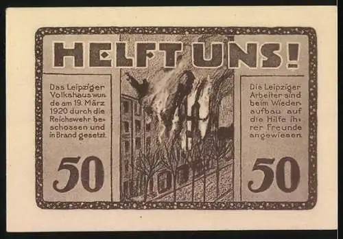 Notgeld Leipzig 1922, 50 Pfennig, Volkshaus-Gutschein mit Gebäude und Aufruf zur Hilfe