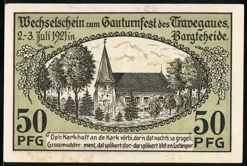 Notgeld Bargteheide 1921, 50 Pfennig, Gauturnfest des Travegaues 2.-3. Juli 1921, Kirche und Turner