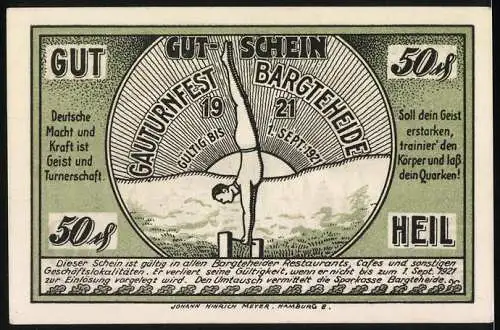 Notgeld Bargteheide 1921, 50 Pfennig, Gauturnfest des Travegaues 2.-3. Juli 1921, Kirche und Turner