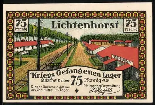 Notgeld Lichtenhorst, 75 Pfennig, Kriegsgefangenenlager Gutschein mit Torfgewinnung Illustration