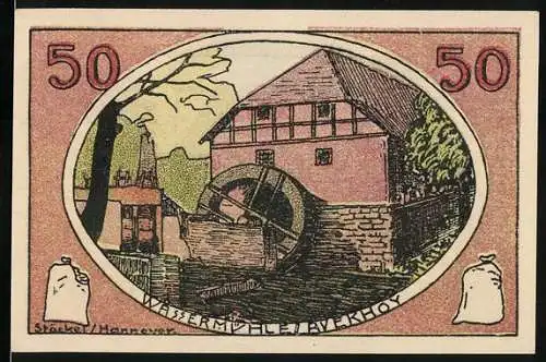 Notgeld Neustadt a.R., 1921, 50 Pfennig, Wassermühle und Fachwerkhaus, Aufdruck 1. April 1922