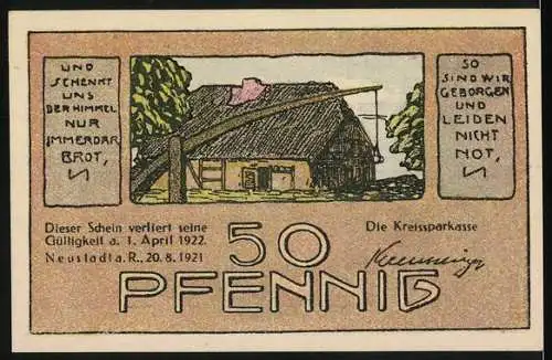 Notgeld Neustadt a.R., 1921, 50 Pfennig, Wassermühle und Fachwerkhaus, Aufdruck 1. April 1922