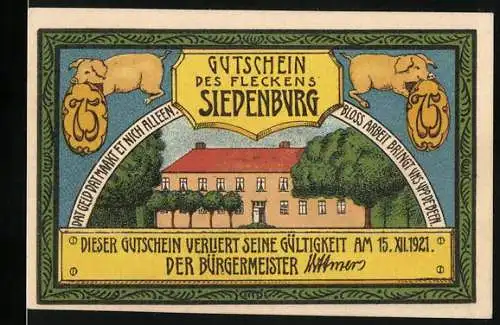 Notgeld Siedenburg, 1921, 75 Pfennig, Gebäude und Schweineillustrationen