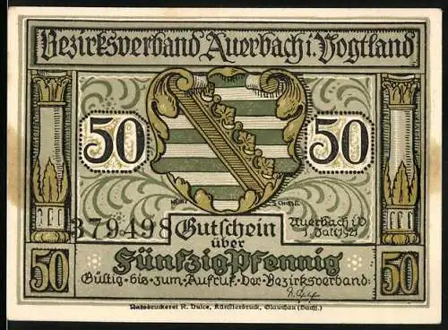 Notgeld Auerbach i. Vogtland 1921, 50 Pfennig, Wappen