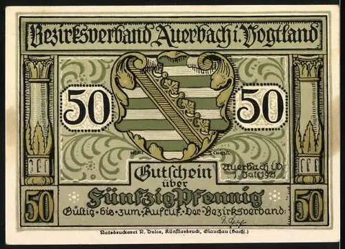 Notgeld Auerbach i. Vogtland 1921, 50 Pfennig, Wappen