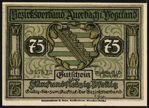 Notgeld Auerbach 1921, 75 Pfennig, Bezirkverband Vogtland mit grafischer Szene und Wappen