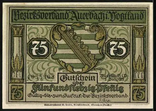 Notgeld Auerbach 1921, 75 Pfennig, Bezirksverband Auerbach Vogtland mit Illustration einer Kochszene