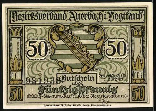 Notgeld Auerbach, 1921, 50 Pfennig, Bezirksverband Vogtland, Scherenschnitt von Hans Kinder