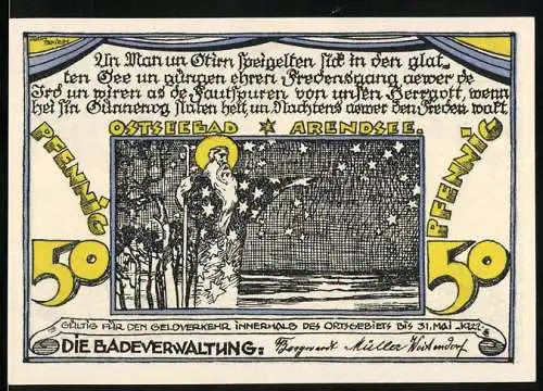 Notgeld Ostseebad Arendsee, 1922, 50 Pfennig, Badeverwaltung mit Sternenhimmel und Landschaftsszene