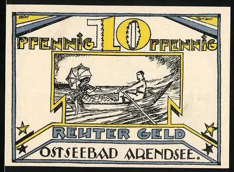 Notgeld Ostseebad Arendsee, 1921, 10 Pfennig, Reuter Geld mit Badeverwaltungsszenen