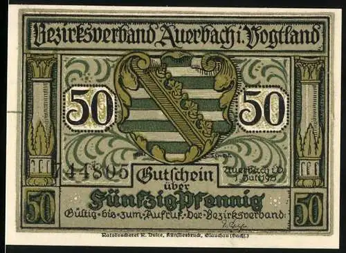 Notgeld Auerbach 1921, 50 Pfennig, Gutschein des Bezirksverbands mit Wappen und dekorativem Rand