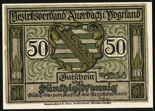 Notgeld Auerbach 1921, 50 Pfennig, Gutschein des Bezirksverbands mit Wappen und dekorativem Rand