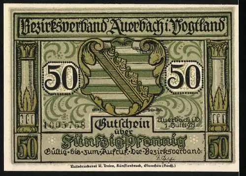 Notgeld Auerbach 1921, 50 Pfennig, Bezirksverband Auerbach i. Vogtland, Darstellung von Frau und Teufel