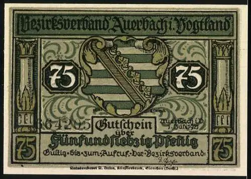 Notgeld Auerbach 1921, 75 Pfennig, Silhouette eines Monsters und Wappen mit Wertangabe