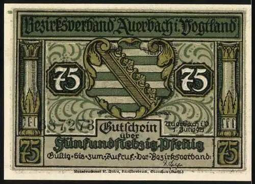 Notgeld Auerbach / Vogtland, 1921, 75 Pfennig, Frau kocht Klösse und Wappen