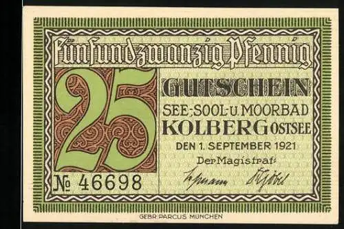 Notgeld Kolberg 1921, 25 Pfennig, Gutschein See-Sool-u. Moorbad Ostsee Nr. 46698, Schill-Porträt