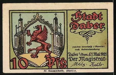 Notgeld Daber 1921, 10 Pfennig, Frau mit Hacke und Greifwappen der Stadt Daber