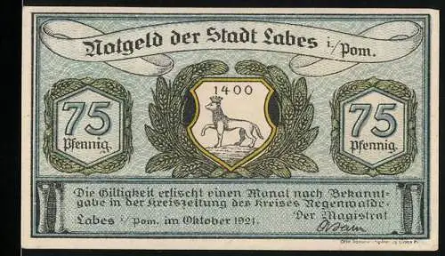 Notgeld Labes 1921, 75 Pfennig, Wappen und Szene In zarter Hand