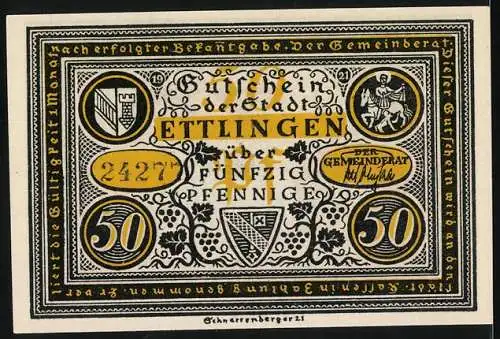 Notgeld Ettlingen, 1921, 50 Pfennig, Gutschein der Stadt mit Gerichtsszene und Stadtsiegel