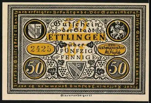 Notgeld Ettlingen 1921, 50 Pfennig, Gutschein der Stadt Ettlingen über Fünfzig Pfennige, motiviert mit Marktszene und