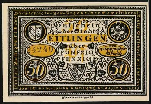 Notgeld Ettlingen, 1921, 50 Pfennig, historische Szene mit Ratsherren und Stadtwappen