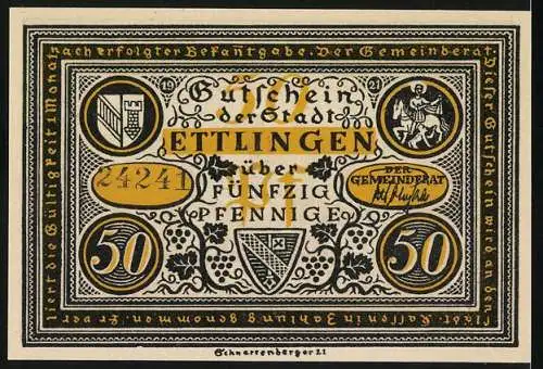 Notgeld Ettlingen, 1921, 50 Pfennig, Gutschein der Stadt Ettlingen mit historischen Szenen und Stadtwappen