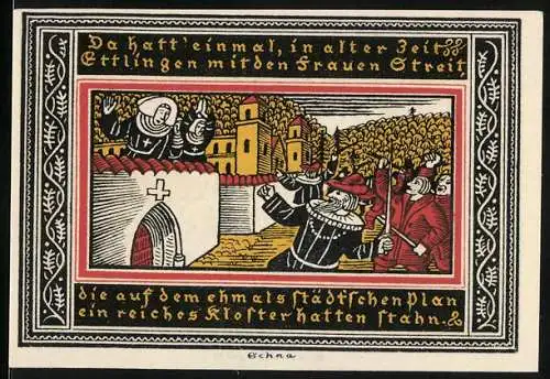 Notgeld Ettlingen, 1919, 50 Pfennig, Illustration eines Frauenstreits im Mittelalter und Wappen der Stadt