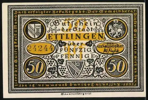 Notgeld Ettlingen, 1919, 50 Pfennig, Illustration eines Frauenstreits im Mittelalter und Wappen der Stadt