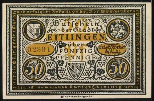 Notgeld Ettlingen, 1921, 50 Pfennig, Und die Moral von der Geschicht`, Seriennummer 02891